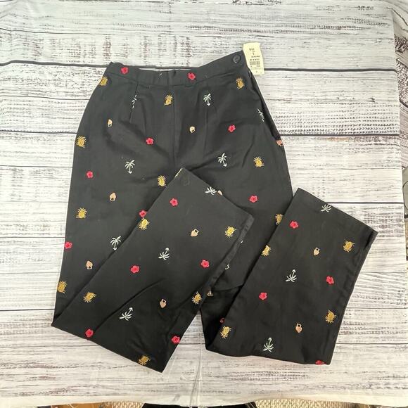 Coldwater Creek Pants sz 6 Black Tropical Palm Trees Pineapples Flowers Stretch - Picture 3 of 7